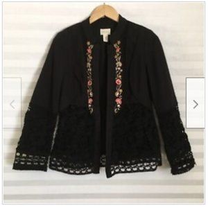 Chicos Women Size 0 Open Front Black Blazer Jacket Long Sleeve Embroidered